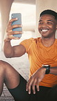 Selfie, fitness and black man in city for exercise with memory, social media or sports blog. Happy, athlete and African male person with photography picture for workout, health or active in town.
