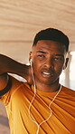 Fitness, earphones and man with neck pain outdoor from workout injury, inflammation and discomfort. Athlete, music and black person with muscle strain in city from exercise, nerve tension and massage
