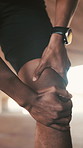 Fitness, hands and athlete with knee pain outdoor from workout injury, inflammation and discomfort. Runner, person and joint ache in city from exercise accident, muscle strain and patellar tendinitis