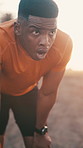 Fitness, breathing and black man on break outdoor for workout, training or wellness with sweating. Exhaustion, athlete and African male person with fatigue for exercise, health or active for sports.