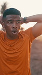 Breathe, fitness and black man on beach for training, exercise and workout. Sports, athlete and tired person for rest, recovery and fatigue for wellness, endurance and running for health outdoors