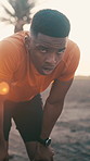 Fitness, breathing and face of black man on break outdoor for workout, training or wellness with sweat. Exhaustion, portrait and African male person with fatigue for exercise, health or active.
