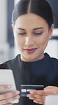 Typing, phone and business woman with credit card for ecommerce, subscription service or sale. Mobile, procurement officer and happy with debit transaction for company purchase and internet payment