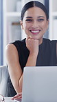 Face, woman and smile in office with laptop, digital marketing job or pride for career development. Happy, female person and confident in workplace with computer, advertising employment or creativity