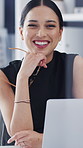 Face, glasses and happy woman in office with laptop, digital marketing job and pride for career growth. Creative person, smile and spectacles in agency with computer, advertising work and about us.