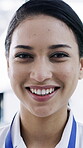 Face, woman and scientist with smile in lab for career pride, about us and medical research. Portrait, happy and female person with ambition, investigation and healthcare study of vaccine development