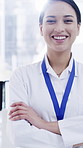 Face, woman and scientist with arms crossed in lab for career pride, about us or medical research. Portrait, person and happiness with ambition, experiment and healthcare study of vaccine development