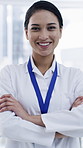 Face, woman and scientist with arms crossed in lab for career pride, about us and research. Portrait, person and smile with ambition, medical experiment and healthcare study for vaccine development
