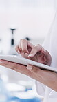 Scientist, woman and hands in lab with tablet, medical research and typing report for investigation. Science, female person and scroll in workplace with tech, email and planning for healthcare study.