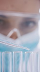 Scientist, woman or test tube with pipette for research, medical study or chemistry with ppe. Science, tools or person with dropper for chemical liquid, lab experiment or innovation with face mask