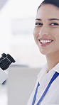 Scientist, woman and microscope with face for chemistry, breakthrough or medical research. Biotech, laboratory and smile with portrait for pharmaceutical, discovery and pathology or experiment