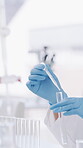 Gloves, dropper and hands with test tube in laboratory, science experiment and medical research trial. Pipette, scientist and person with ppe for chemical reaction investigation, liquid and testing