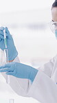 Science, dropper and woman with test tube in laboratory, clinical experiment or medical research trial. Pipette, precision or scientist with ppe for chemical reaction investigation, liquid or testing