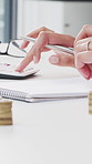 Person, hands or writing with calculator or coins for finance management or budget cost in office. Closeup, accounting or calculation with notepad or money for financial planning, expenses or savings