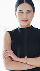 Realtor, face or woman in workplace with arms crossed, pride or ambition as property seller. Happy, portrait or real estate agent in agency with about us, confidence or experience in housing industry