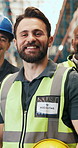 Crossed arms, team and face of logistics worker in warehouse with confidence for freight shipping. Happy, professional and portrait of male supply chain manager with pride for quality control.