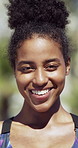 Face, black woman and fitness with smile outdoor for exercise, training and morning routine. Portrait, female person and happy runner with confidence, marathon practice and sports challenge in nature
