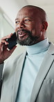 Investor, phone call and black man in office, smile or digital app for communication. Mature person, employee or financial advisor with smartphone, email or internet with feedback for investment deal