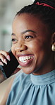 Happy, black woman or talking with phone call for business discussion, proposal or ideas in office. Female person, consultant or friendly agent with smile on mobile smartphone for negotiation or deal