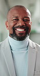 Face, business and black man with smile  in office for career pride, about us and real estate. Portrait, mature person and realtor laugh with ambition, happy employee and company for property auction