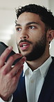 Talking, businessman and phone call on speaker in office, investment arrangement and deal negotiation. Contact, voice note and financial broker with mobile for networking, agreement terms and details
