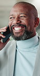 Happy, businessman or laughing with phone call for funny joke, comedy or humor in office. Black man, consultant or agent with smile on mobile smartphone for friendly negotiation or deal in workplace