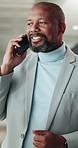 Happy, black man or talking with phone call for business discussion, proposal or ideas in office. Businessman, consultant or friendly agent with smile on mobile smartphone for negotiation or deal