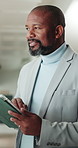 Smile, man and thinking with tablet in office for trading results, profit reflection or good news. Trader, mature black person or thoughtful with tech at work for stocks performance or portfolio gain