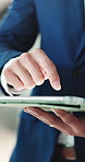 Hands, business and man in office, tablet for texting and investor with connection. Communication, financial advisor and person in workplace, tech and email for investment deal and trading portfolio
