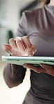 Hands, businesswoman and scroll on tablet in office for stocks news, trading results or market shift. Trader, person and tech at workplace for portfolio review, price performance and account balance