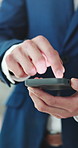 Cellphone, scrolling and hands of businessman in office with email for contact on finance negotiation. Tech, professional and financial manager with phone for communication on app for investment deal