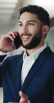Happy man, talking and business discussion with phone call for deal, proposal or ideas in office. Businessman, consultant or agent with smile on mobile smartphone for negotiation, help or advice
