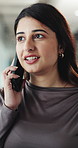 Happy woman, talking and discussion with phone call for business proposal or ideas in office. Female person, consultant or friendly agent with smile on mobile smartphone for negotiation or work deal