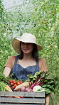 Face, walk or woman on farm with produce, confidence or experience in agriculture industry. Smile, portrait and vegetable distributor with crate, about us and career pride in sustainable business.
