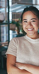 Face, smile and Asian woman in nursery with arms crossed, about us or owner of botanical store. Happy, portrait and shop founder with confidence, florist experience and career in greenhouse business.
