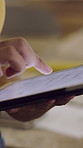 Hands, carpenter and scroll with tablet at workshop for manufacturing, review and process for furniture design. Person, artisan and tech with notes, checklist or app for project at woodwork factory