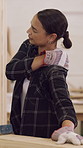 Frustrated, woman and carpenter with shoulder pain in workshop for strain, pressure or massage. Female person, sore ache or carpentry project with discomfort for muscle tension or joint inflammation