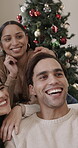 Happy, friends and selfie on Christmas, home and bonding on festive season, laughing and photography. December, celebration and people with smile for profile picture, joke and memory on Xmas holiday