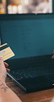 Hands, credit card and payment in small business with laptop, ecommerce and buy pottery from supplier. Person, typing or digital banking in shop with computer, fintech transaction or ceramic expense.