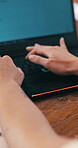 Laptop screen, typing and hands at desk for programming, software development and system maintenance. Coding, connection and person with pc for work from home, freelance developer and server update
