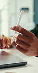 Man, hand and stylus in office with laptop, research and contemplation for website design project. Person, browsing and designer in workplace with digital pen, computer or internet for creative idea.