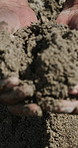 Farmer, hands or check soil texture for agriculture, sustainability or future growth planning in dirt. Person, ground quality and development for agro business, environment or garden in nature