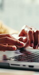 Hands, person or typing on laptop at agency for marketing email, editing blog or social media post. Content specialist, employee or tech at desk for website copy, newsletter draft or keyword research
