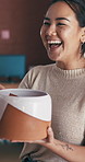 Pottery, shopping and woman laugh with product for customer service, quality check or retail. People, ceramics store and owner with client for sale, funny joke or help with decision in small business