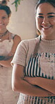 Face, happiness or startup team in store with arms crossed, about us or owners of ceramic shop. Partnership, women or artisans with smile, career experience or confidence in handmade pottery business