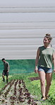 Woman, happy and inspection for farming in greenhouse, check crops and team for food production. People, smile farmer and agriculture with organic vegetables, walk and sustainability with plants
