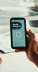 Phone screen, health insurance and hands of person in home with sign in for telehealth on mobile app. Technology, medical aid and patient with cellphone for online healthcare consultation in house.