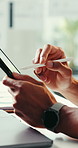 Pen, reading and tablet with hands of person in office for review of online information. App, problem solving and solution with business employee in creative workplace for analysis of report