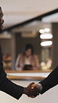 Business, handshake and greeting with men, welcome or introduction in office for seminar. People, professional and shaking hands for hello, smile and networking at corporate  conference for meeting
