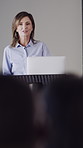 Podium, laptop or woman with audience for conference, advice or sales presentation for skill development. Corporate seminar, people or mature speaker with pc for teaching, profit growth tips or info